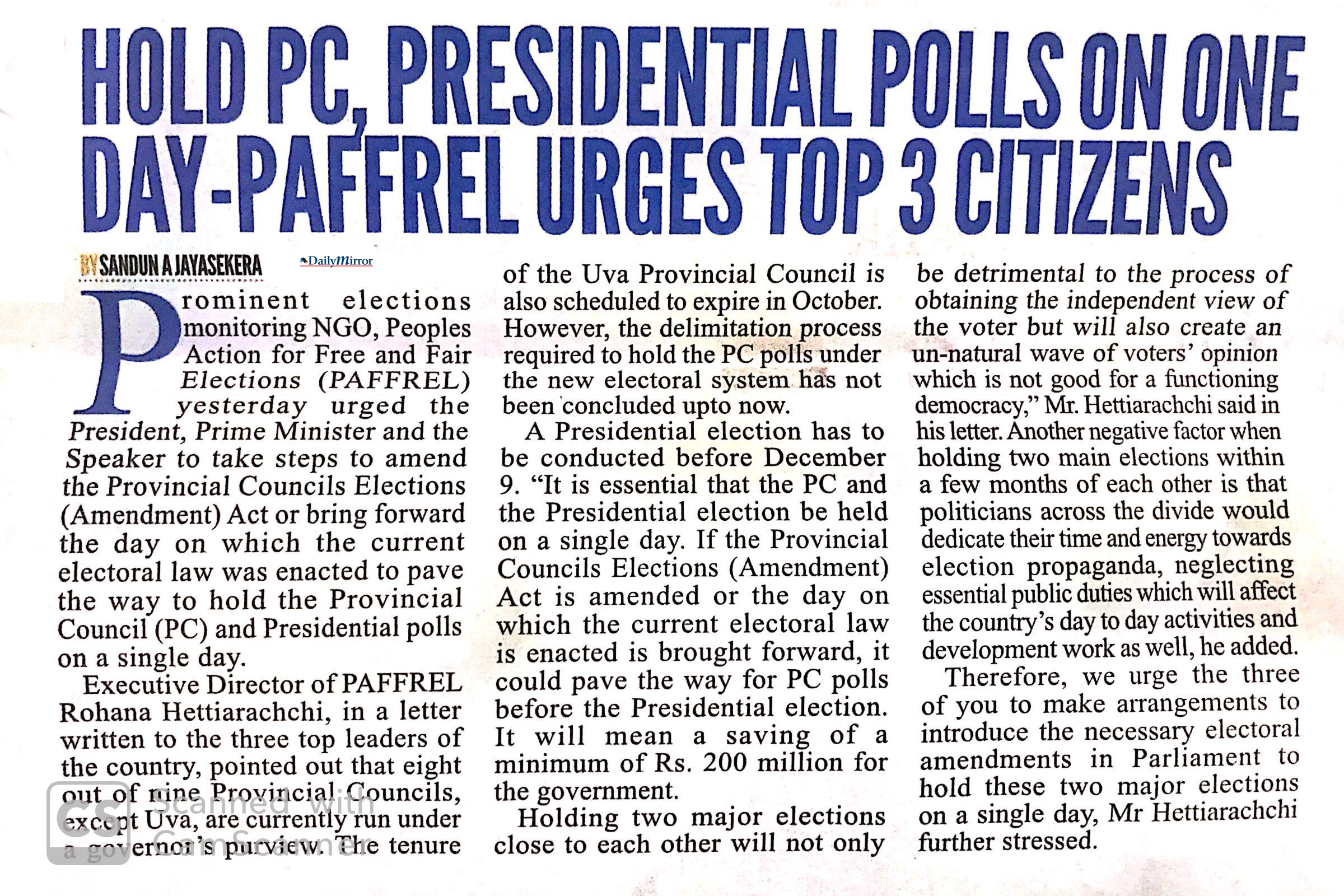  Hold PC, Presidential Polls on One DAy - PAFFREL 
